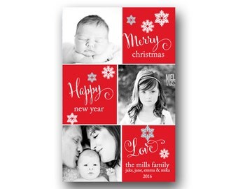 Christmas Cards - Holiday Cards - Custom Photo Christmas Cards - Printable File - Holiday Red Snow Flakes