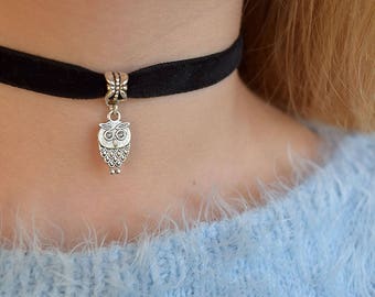 Choker necklace Velvet jewelry Owl chokers Punk Necklace Boho Rocker Gothic Choker Thick Choker 90s choker grunge Black Teen girl gift