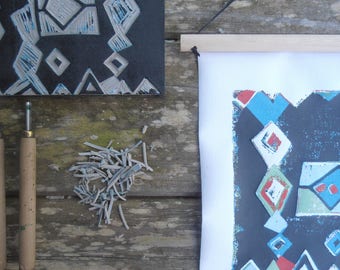 Mod Print, Linocut, Ready To Hang Art, Moroccan Rug