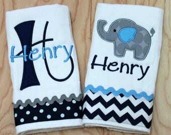 Personalized Burp Cloth Set - Elephant Burp Cloth - Monogram Burp Cloth - Burp Cloth Set for Boys - Gift Set for Boys - Shower Gift