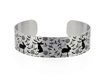 Rabbit cuff bracelet, brushed silver bangle with bunnies. Recycled pet jewellery. Bunny rabbit animal lovers gifts. Secret message. B472