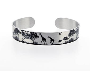 Giraffe jewellery, brushed silver cuff bracelet, metal bangle with black giraffes. Giraffe lover gift. African animal gifts. S505
