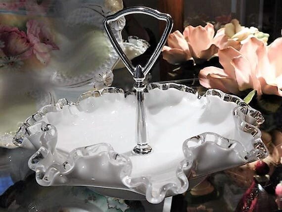 Vintage Fenton White Milk Glass Silver Crest Silvercrest Handled Bon Bon Dish 1980s Retro Country Cottage Farmhouse Home Decor Wedding Gift