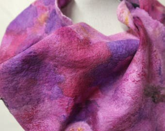 Nuno felt scarf, pink purple. Silk, wool, felted shawl, handmade for women