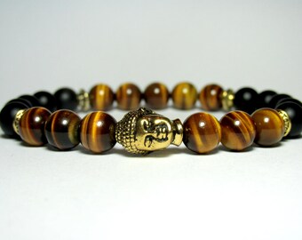Mens Tiger Eye Buddha Bracelet, Mala Bracelet, Mens Beaded Bracelet, Unisex Bracelet, Yoga Bracelet, Yoga Gift, Stretch Bracelet