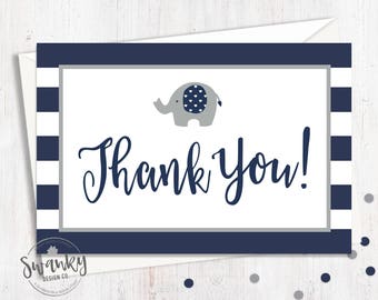 Elephant Baby Shower Thank You Cards, Navy and Gray Thank You Card, Postcard Style Thank You, Navy Elephant Theme Shower, Instant Download
