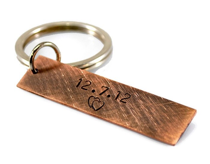 Personalized Copper Tag Keychain. Mens Wedding Date Keyring.