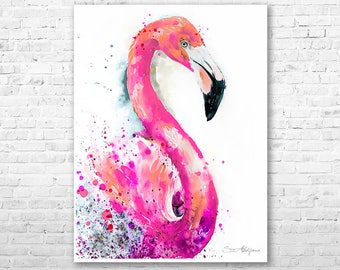 Flamingo 2 watercolor painting print by Slaveika Aladjova, art, animal, illustration, bird, home decor, wall art, gift, Wildlife