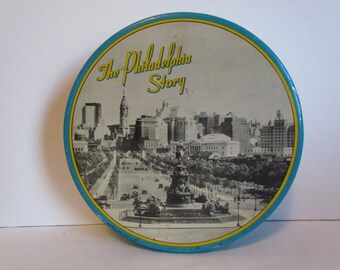 Vintage Round Metal Tin Candy Cookie Tin Storage The Philadelphia Story Blue And Yellow Decor