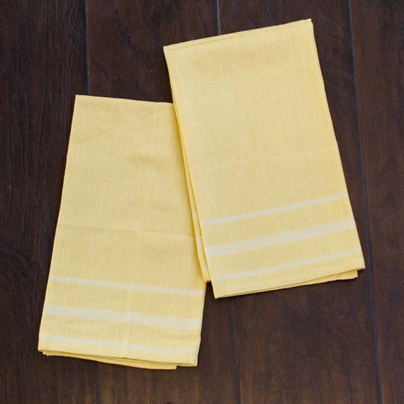 Yellow Kitchen Towels Set 2 Muted White Stripes Handwoven