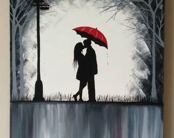 SALE Couple in rain paintingCouple kissing in the rain wall