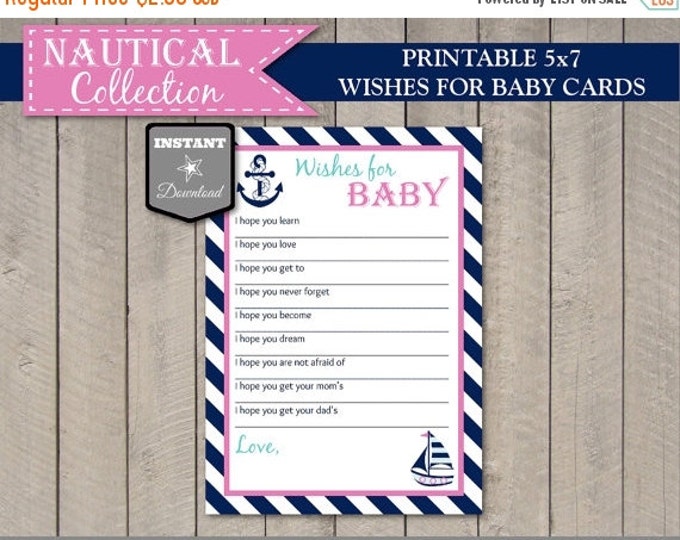 SALE INSTANT DOWNLOAD Nautical Girl Baby Shower 5x7 Wishes for Baby Cards / Printable Diy / Nautical Girl Collection / Item #628