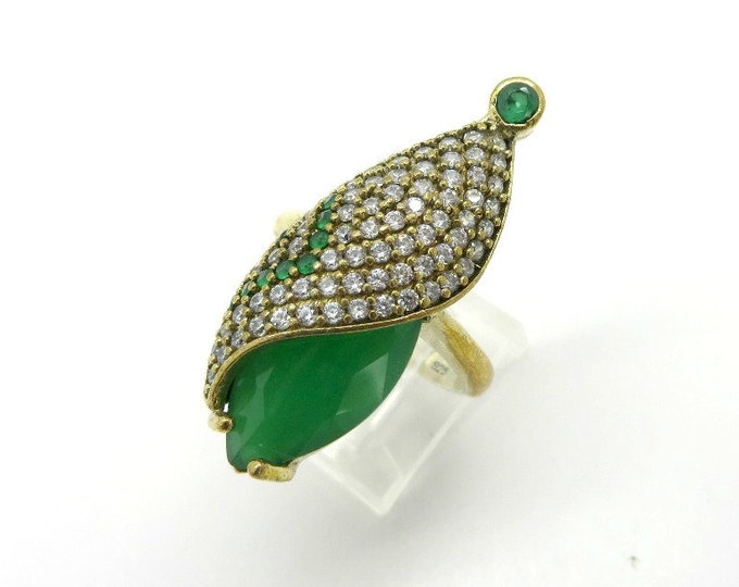 Vintage Emerald Topaz Statement Ring, Two Tone Sterling Silver Ring, Size 9