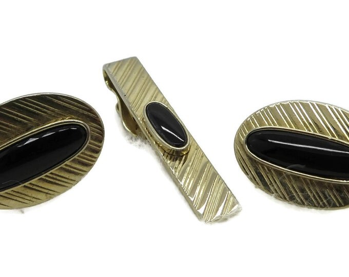 Swank Cufflinks Set, Vintage Onyx Cufflinks Tie Clip, Gold Tone Cufflink Set, Men's Suit Accessory, Gift for Him