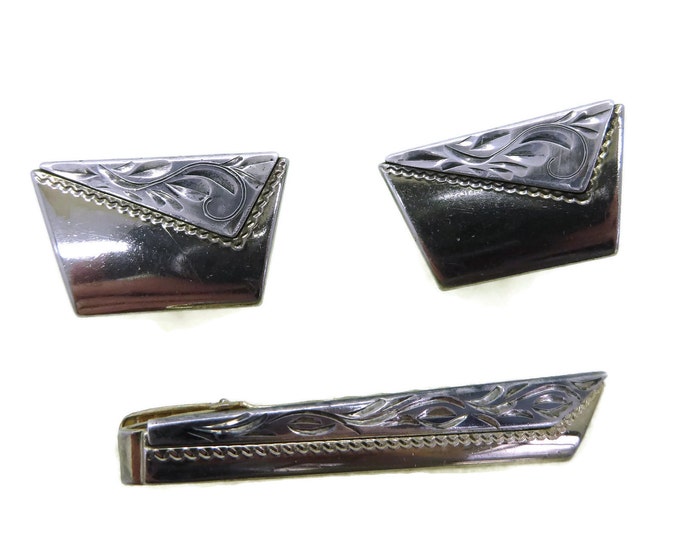 Vintage Anson Cufflinks Tie Clip Set, Two Tone Men's Jewelry Set