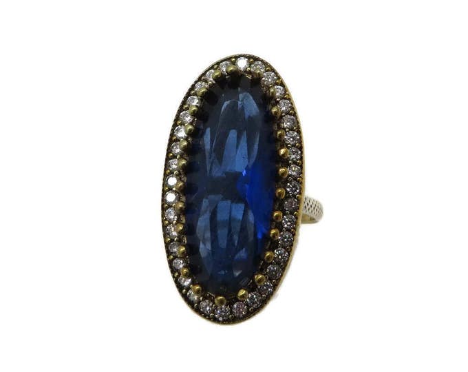 Vintage Blue Sapphire Statement Ring, Sapphire and Topaz Sterling Silver Ring, Size 7