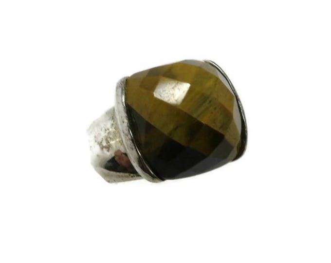 Sterling Silver Tiger Eye Ring - Faceted Stone Wide Band Ring, Size 6, Gift Idea, Gift Boxed