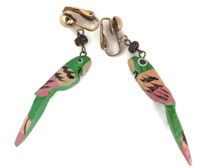 Green Parrot Earrings, Vintage Wood Parrot Dangling Clip on Earrings, Costume Jewelry Gift Idea