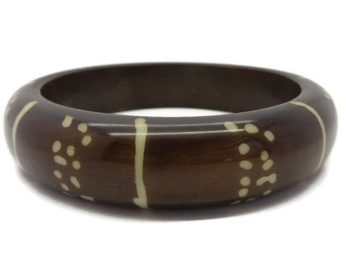 India Brown Bangle, Vintage Brown Cream Striped Dotted Costume Jewelry Bracelet