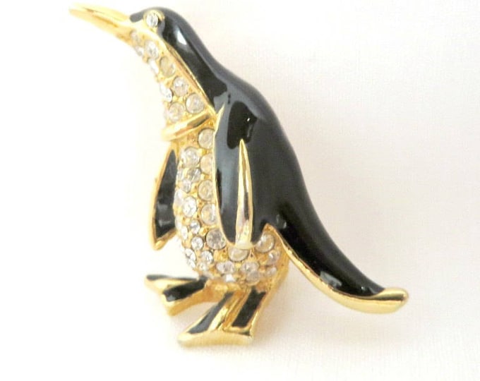 Rhinestone Penguin Brooch, Vintage Black Enamel Rhinestone Penguin Pin