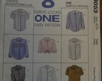 McCalls 8053, sizes 8-10, shirts, tops, blouses, UNCUT sewing pattern, craft supplies