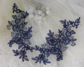 Navy Blue Lace Applique Bridal Floral Appliques Pair for Weddings, Cap, Dressmaking, Costumes