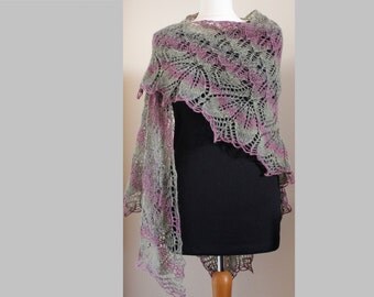 Hand knit triangular lace wool shawl