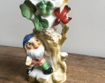 Vintage Porcelain Elf and Bird Vase Pixie Gnome Kitsch Decor