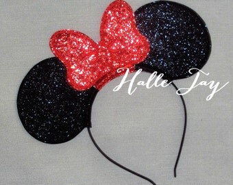 Classic Minnie Mouse Ears Headband w/ Chunky Glitter Red Bow