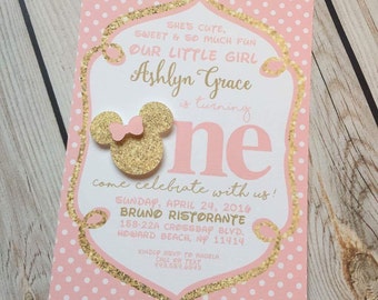 Minnie Mouse Invitations Pink Gold Glitter