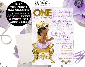 Princess birthday invitation, first birthday printable, purple lavender and gold, classy and fabulous, turning one, African American baby.
