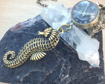 Seahorse Pocket Watch Necklace Watch REALLY Works! FREE Shipping Codes FREE Gift Box Steampunk Jewelry Mermaid Necklace Gypsy Boho Jewellery