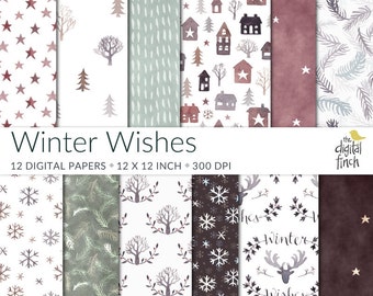 Christmas Digital Papers - Winter Wishes watercolor scrapbooking paper - Nordic Style - instant download - commercial use - royalty free