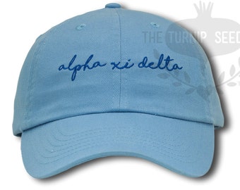 Alpha Xi Delta Handwriting Script Sorority Baseball Cap - Custom Color Hat and Embroidery