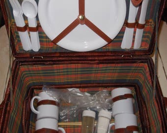 Complete wicker picnic basket and picnic kit.