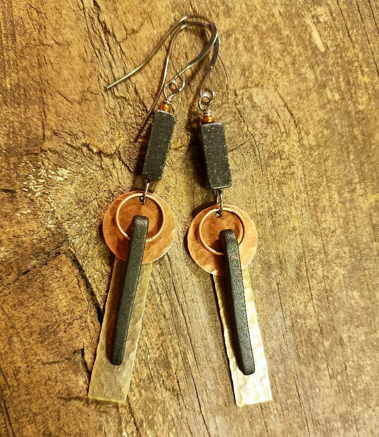 Mixed Metal Earrings Hammered Metal Earrings Metal Dangle
