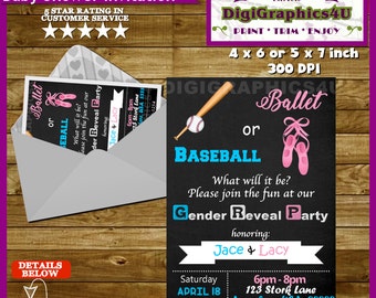Gender Reveal Baseball or Ballet Party Invitation, He or She, Pink or Blue, Boy or Girl - Printable Personalized File