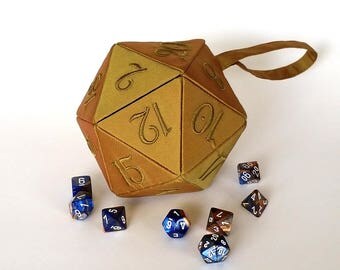 Olive Small d20 bag - dice bag and miniature bag - Striped lining brown, teal, cream