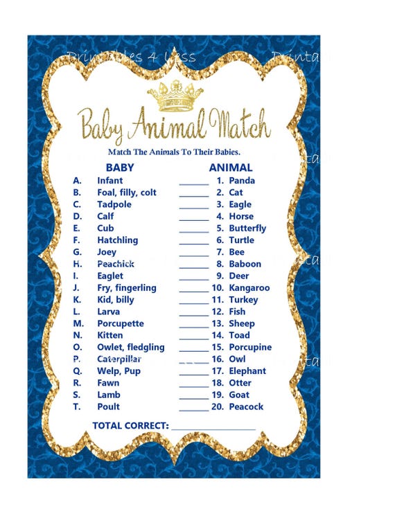 Prince Baby Animal Match Baby Animals Name Game Royal Blue