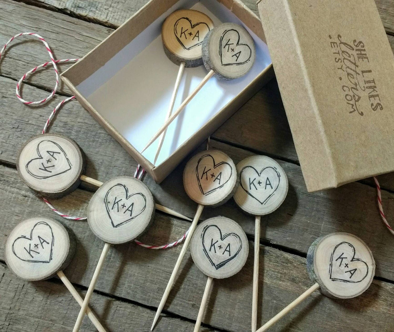 Rustic Wedding Cupcake Toppers Custom Initials Hearts Wood