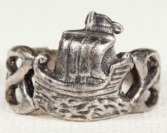 Galleon Ship Silver Ring Midcentury Scandinavian