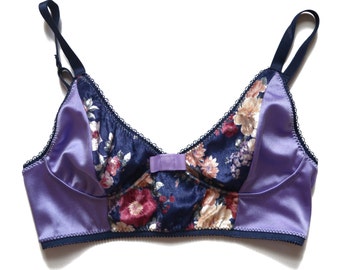 Soft bra "Malt", satin fabric lavander, lila, women underwear, bow detail, comfy cut, lingerie, vintage style, lined, adjustables straps