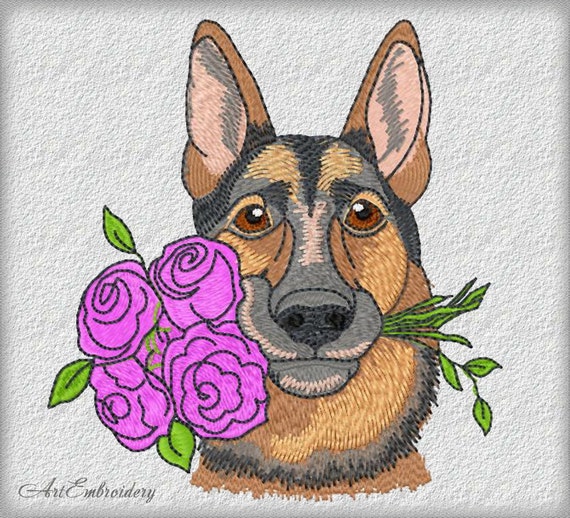 Sweet German Shepherd with flowers bouquet