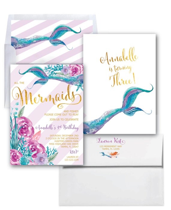 Mermaid Invitation // Under the Sea Invitation // Watercolor // Gold Foil // Boho Chic // Floral // Girls // Purple // QUEENSLAND COLLECTION Il_570xn