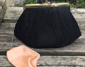 HL vintage black satin handbag clutch with attached change purse