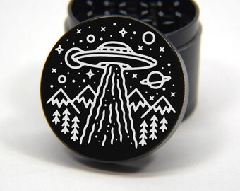 Laser Engraved Herb Grinder - UFO Take Me With You Artwork Design 4 Piece Grinder #116