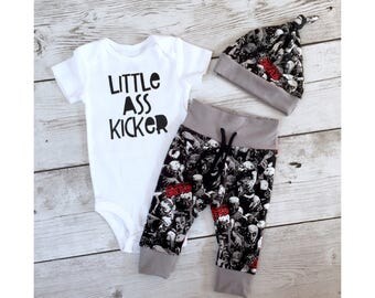 the walking dead set, zombie outfit, little ass kicker, walking dead hat, zombie leggings, halloween baby, walking dead baby, twd