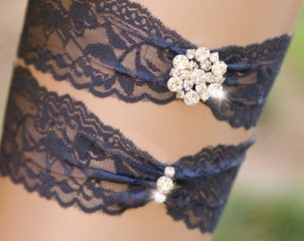 Lace Rhinestone Garter Set, Something Blue Bridal Garter, Gold Garter, Navy Blue Garter, Customizable Garter, Bling Garter- EDEN GARTER SET