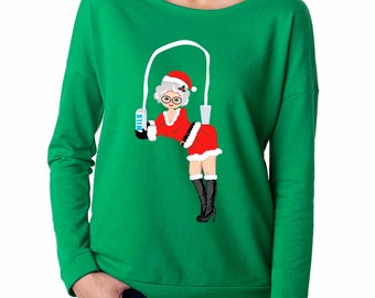 Mrs Claus Ugly Christmas Sweater, 3/4 Sleeve Shirt, Break The Internet, Christmas, Ugly Christmas Sweater, Womens, Wideneck, Loose Fitting