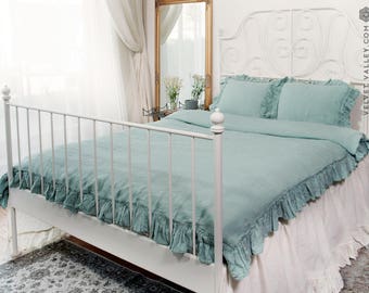 Duck egg blue linen BED SET/ duvet cover and pillow shams with ruffles - French style double/queen/king size bed set